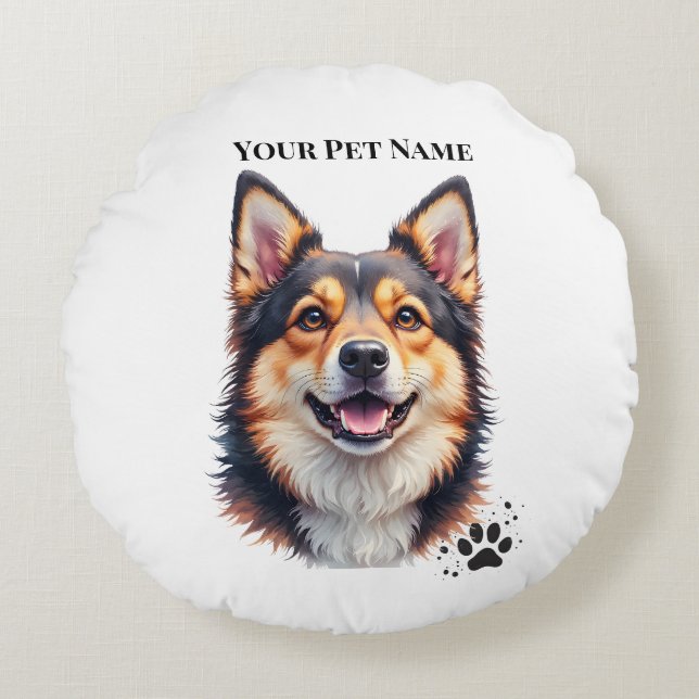 Pet’s Simple Modern Name & Photo Custom Design Round Pillow (Front)