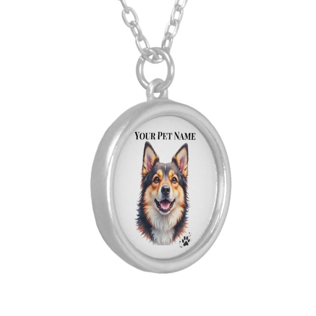Pet’s Simple Modern Name & Photo Custom Design Silver Plated Necklace (Front Left)