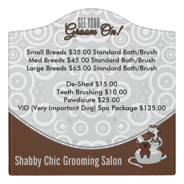 Pet Salon Custom Signage in Brown GROOM ON! Door Sign (Large Crest Front)