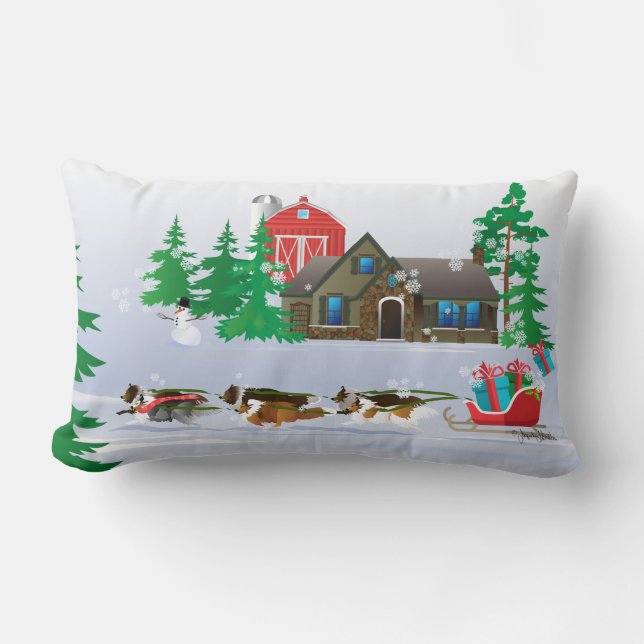 Pet Shelties Pulling Red Sleigh, Holiday Christmas Lumbar Pillow (Front)