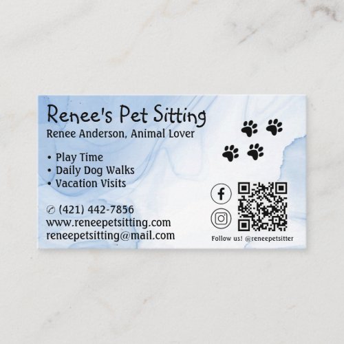 Pet Sitter Blue Watercolor QR Code Business Card