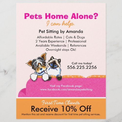 Pet Sitter Coupon Ad Yorkie Cat Couch Pink Flyer