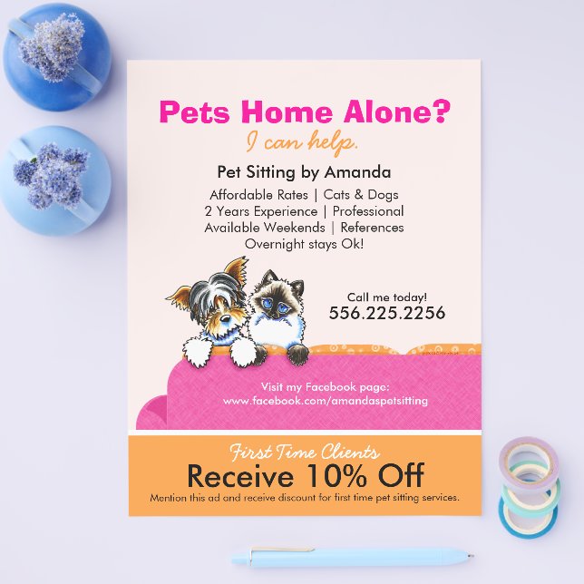 Pet Sitter Coupon Ad Yorkie Cat Couch Pink Flyer Zazzle