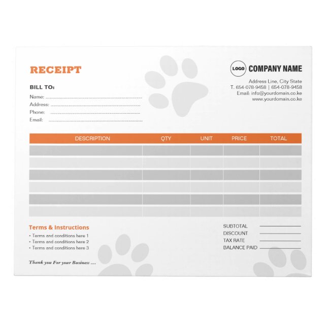 Pet Sitter Custom Receipt Notepad (Front)