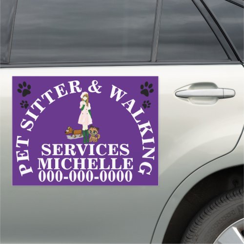 Pet sitter cute dog cat lady illustration purple car magnet