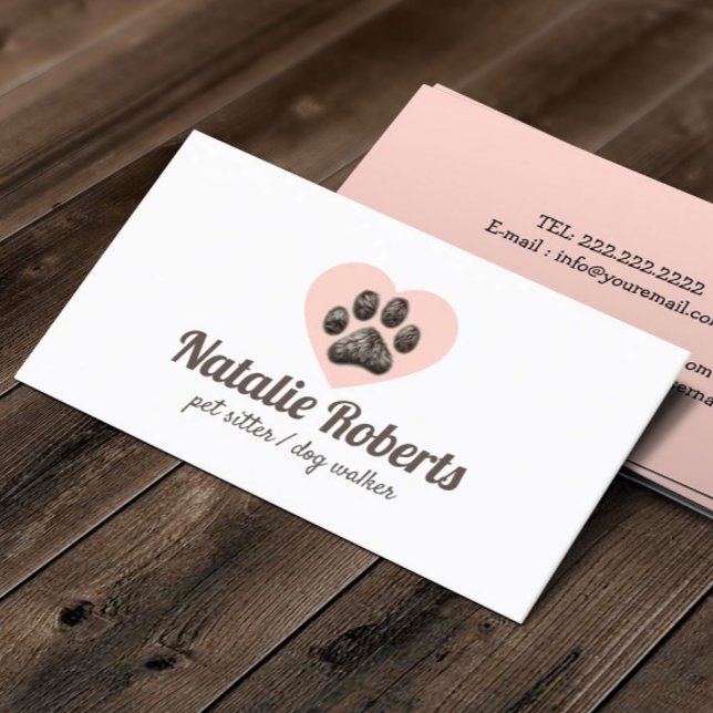 Pet Sitter Cute Furry Paw Heart Dog Groomer Business Card (Creator Uploaded)