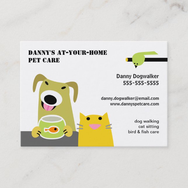 Pet Sitter- Dog Cat Bird & Fish-white background Business Card (Front)