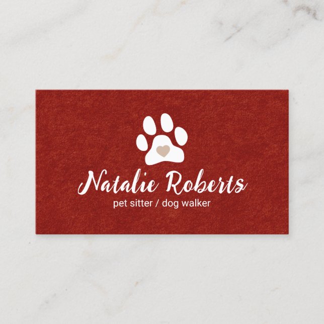 Pet Sitter Dog Walker Cute Paw Heart Velvet Business Card (Front)