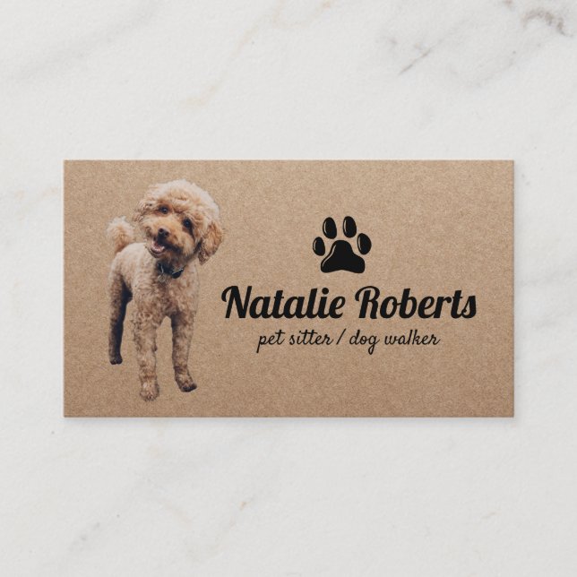 Pet Sitter Dog Walker Cute Poodle Rustic Kraft Business Card (Front)