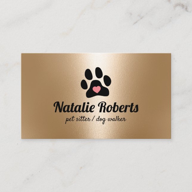 Pet Sitter Dog Walker Paw Heart Modern Gold Business Card