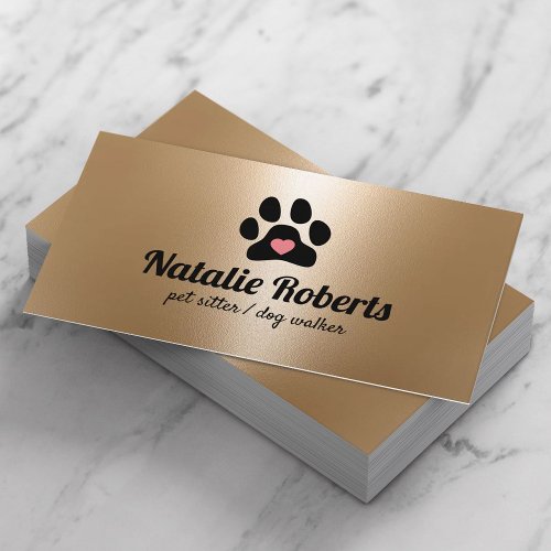 Pet Sitter Dog Walker Paw Heart Modern Gold Business Card