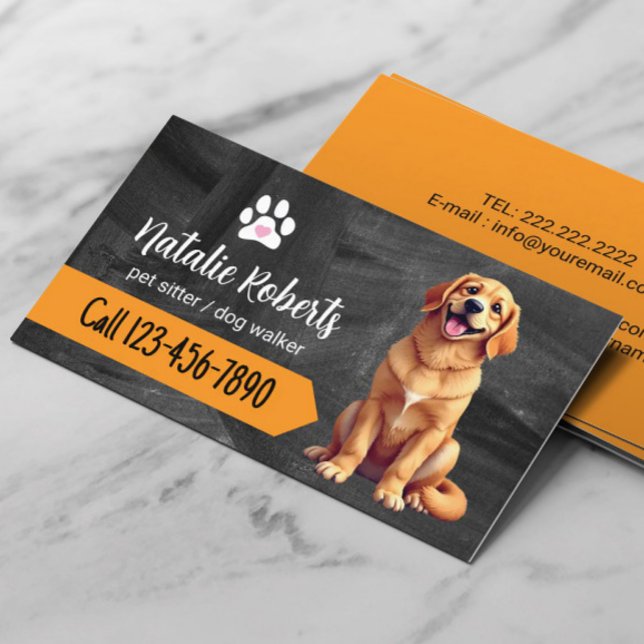 Pet Sitter Dog Walking Chalkboard Golden Retriever Business Card (Creator Uploaded)