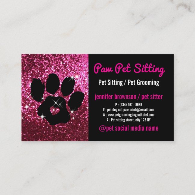 Pet Sitter Grooming Glitter Pink Black Dog Cat Paw Business Card