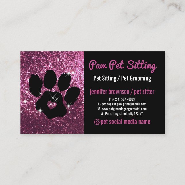 Pet Sitter Grooming Glitter rose Black Dog Cat Paw Business Card (Front)