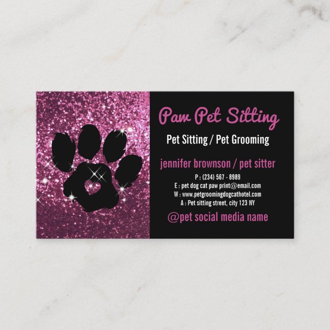 Pet Sitter Grooming Glitter rose Black Dog Cat Paw Business Card