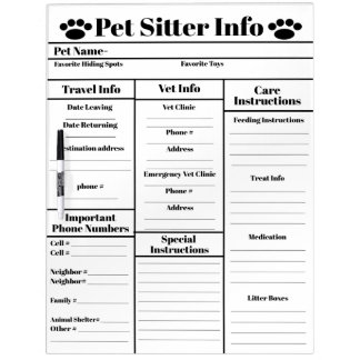 Pet Sitter Info for Cats Dry Erase Board