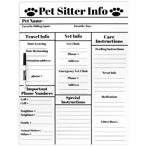 Pet Sitter Info for Cats Dry Erase Board