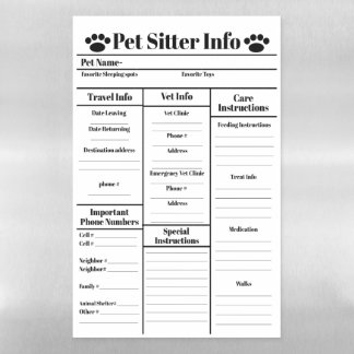 Pet Sitter Info for Cats Dry Erase Magnetic Sheet