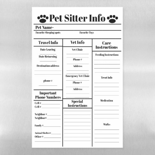 Pet Sitter Info for Cats Dry Erase Magnetic Sheet
