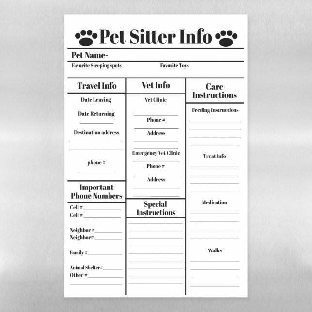 Pet Sitter Info for Cats Dry Erase Magnetic Sheet (Vertical)