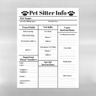 Pet Sitter Info for Cats Dry Erase Magnetic Sheet