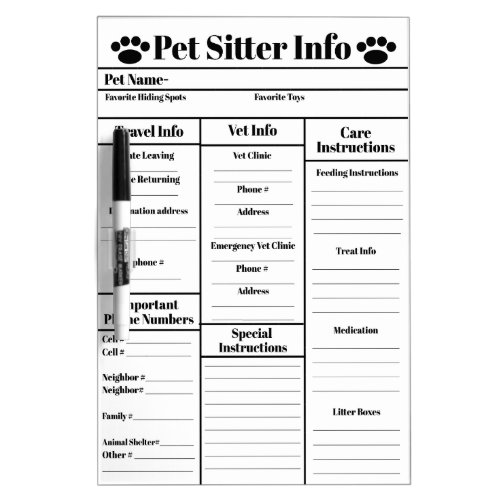 Pet Sitter Info for Cats Medium Dry Erase Board