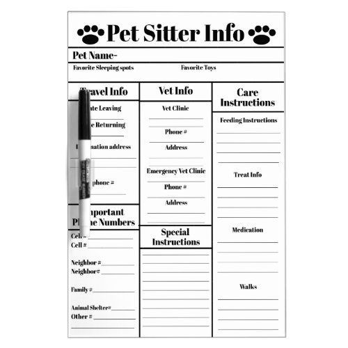 Pet Sitter Info for Dogs Medium Dry Erase Board