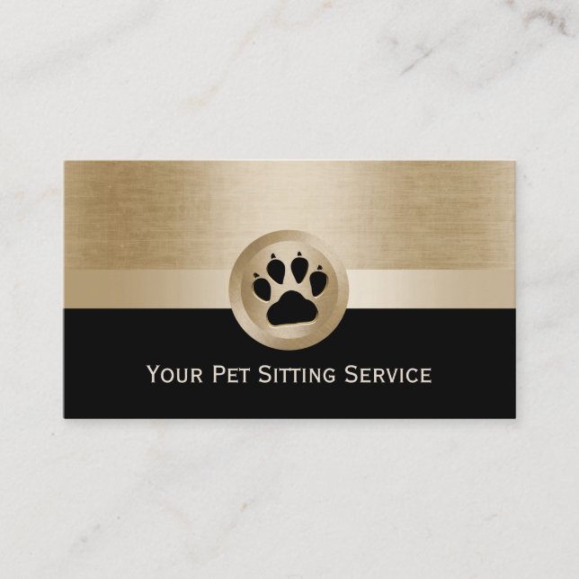 Pet Sitter Modern Paw Black & Gold Business Card (Front)