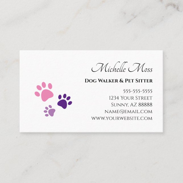 Pet Sitter Paw Prints Purple Pink  Business Card
