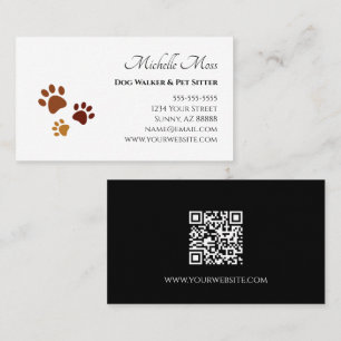 Pet Sitter QR code Cute Brown Paw Prints  Business Card