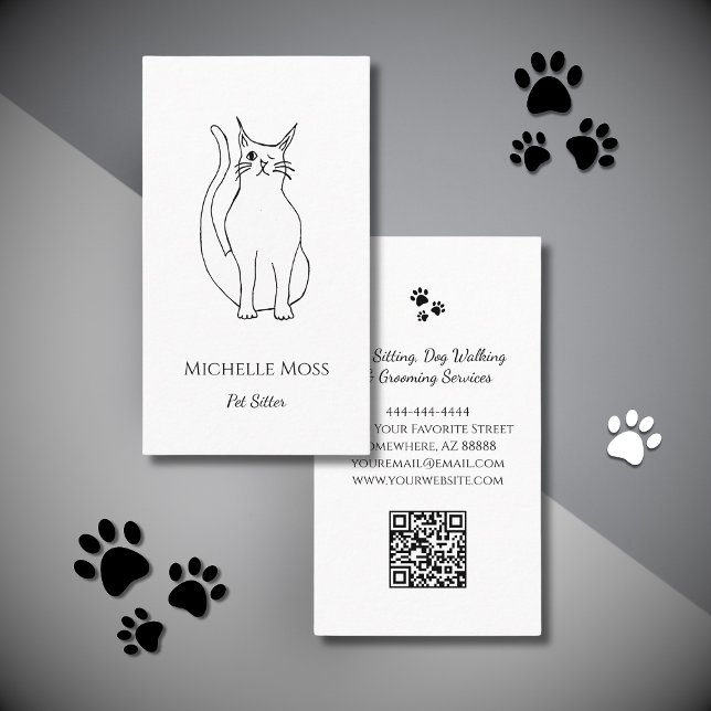 Pet Sitter QR code Cute Winking Cat Black White  Business Card (Creator Uploaded)