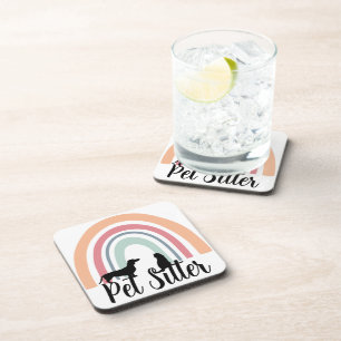 'Pet Sitter' Rainbow Dog Cat Silhouette Gift Beverage Coaster