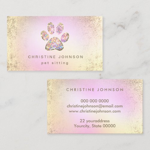 pet sitter simulated glitter paw business card