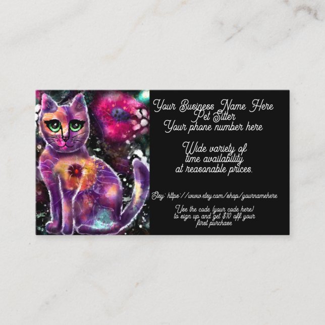 Pet Sitter Whimsical Abstract Floral Kitty Cat Business Card (Front)