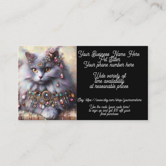Pet Sitter Whimsical Gray Kitty Cat Jewelry Business Card (Front)