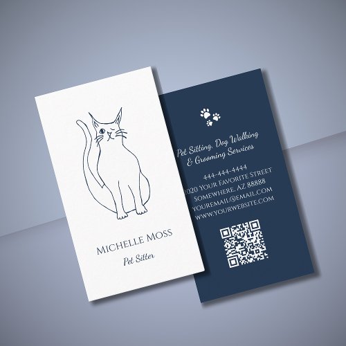 Pet Sitter Winking Cat Navy Blue QR code  Business Card