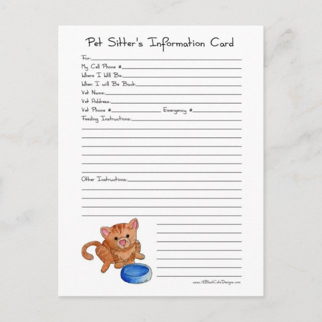 Pet Sitter's Information Postcard - Cat (Front)