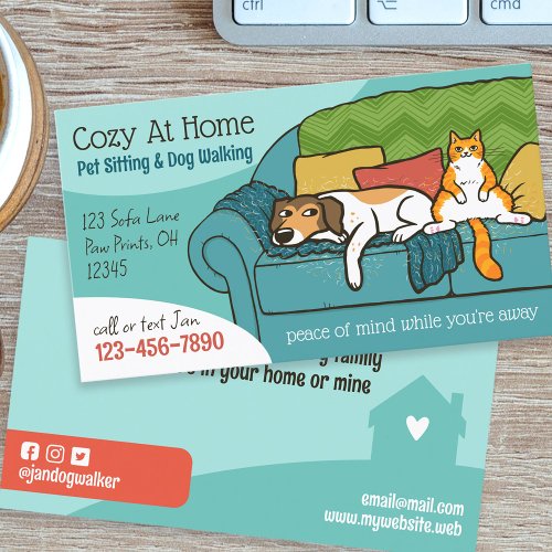 Pet Sitting Animal Care Funny Dog and Cat on Couch Business Card