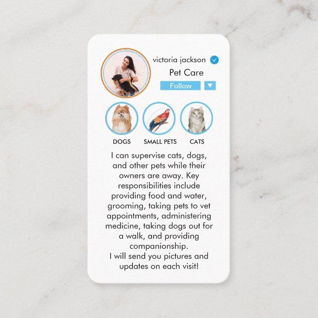 Pet Sitting Care Instagram Inspired Photo Business Card (Front)