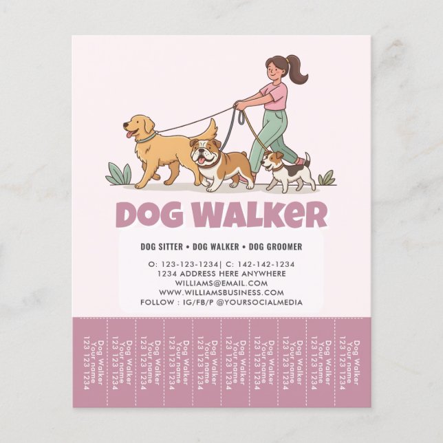 Pet Sitting Custom Promotional Dog Walker Pink Flyer (Front)