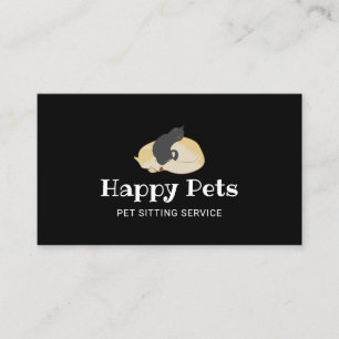 Pet Sitting Cute Dog & Cat Logo Pet Care Black Business Card