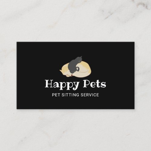 Pet Sitting Cute Dog  Cat Logo Pet Care Black Business Card
