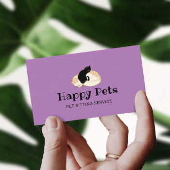 Pet Sitting Cute Dog & Cat Logo Pet Care Purple Business Card by BlackEyesDrawing at Zazzle