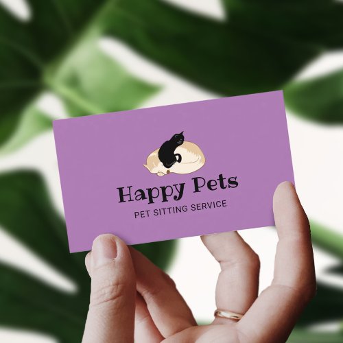 Pet Sitting Cute Dog  Cat Logo Pet Care Purple Business Card