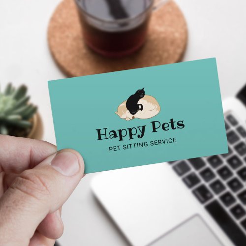 Pet Sitting Cute Dog  Cat Logo Pet Care Teal Business Card