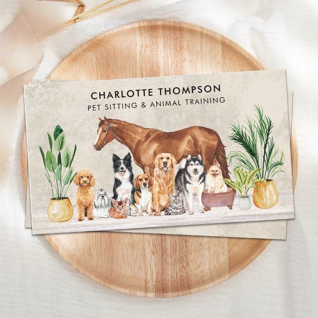 Pet Sitting Dog Cat Horse Boho Watercolor Animals Business Card (Creator Uploaded)