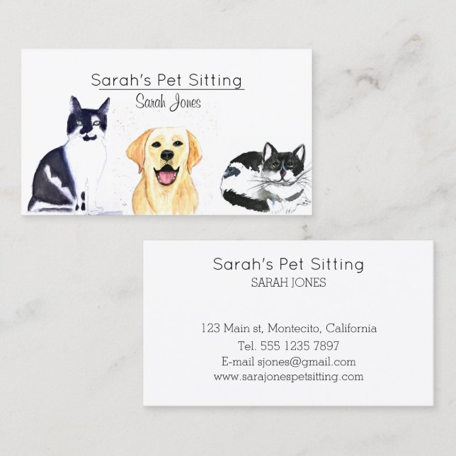 Pet Sitting Dog Cat Training Watercolor Business Card (Front/Back)