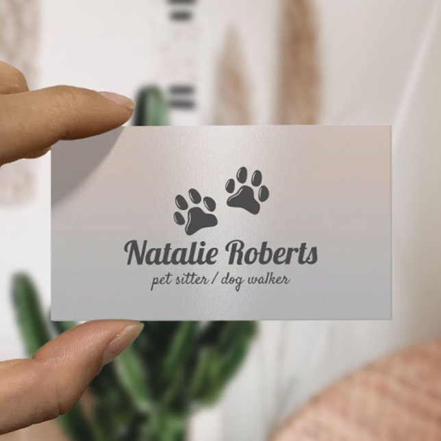 Pet Sitting Dog Paws Logo Classy Silver Business Card (Creator Uploaded)