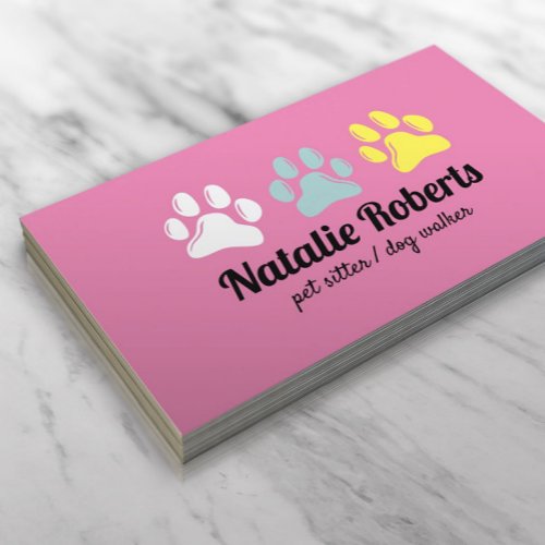 Pet Sitting Dog Walker Cute 3 Color Paw Prints Business Card