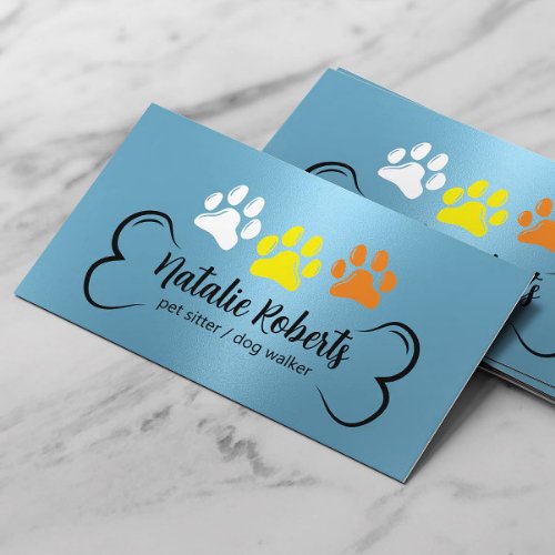 Pet Sitting Dog Walker Cute Color Paws Modern Blue Business Card